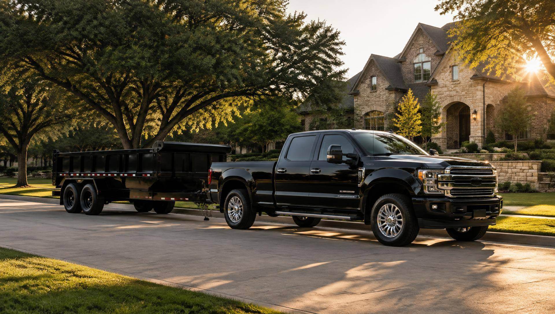Black pickup truck and dump trailer parked for junk removal at a McKinney, Texas home